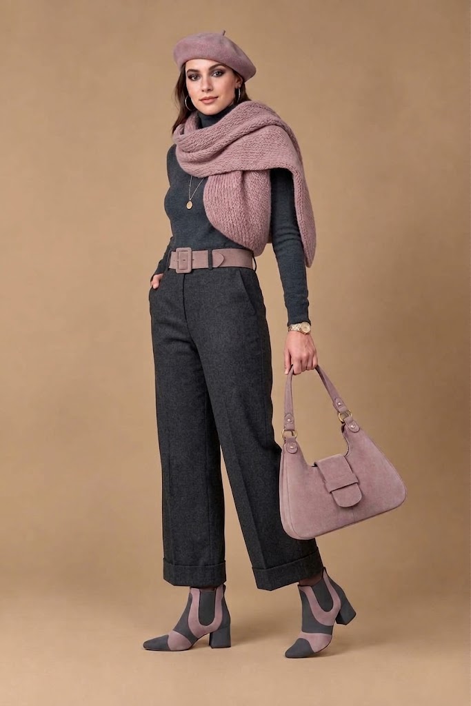 Women's charcoal gray and dusty rose two-tone chelsea boots with round toe and low flared heel - Top view